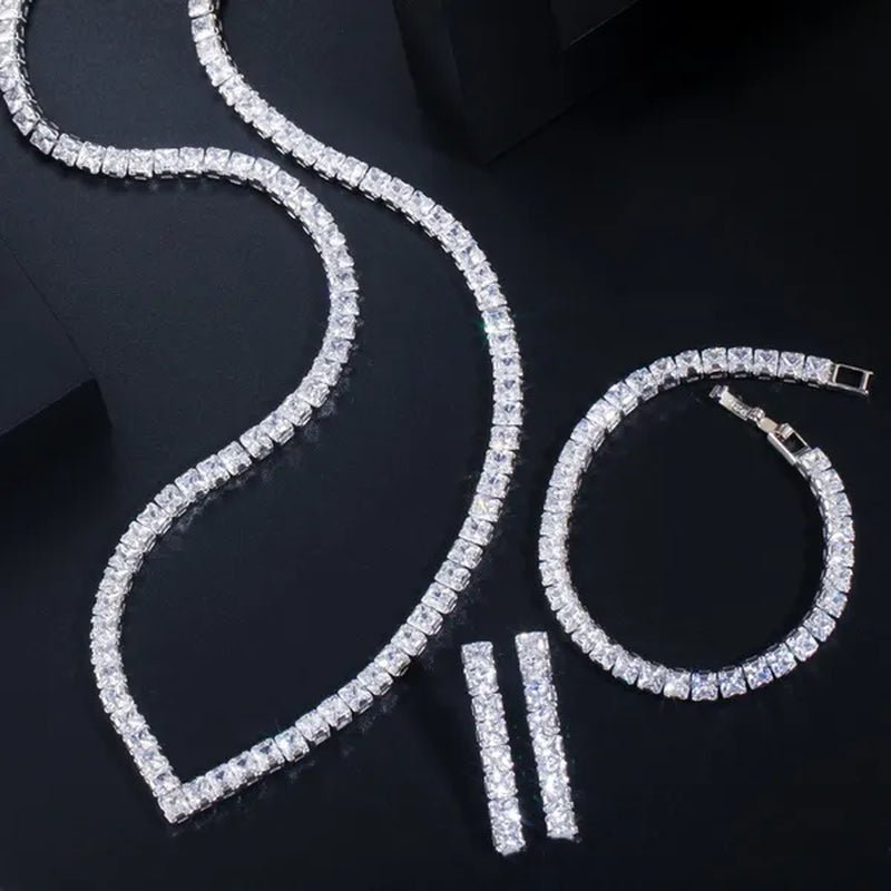 Gloriya Luxury Wedding Party Jewellery Sets Setting Shiny Cubic Zirconia Tennis Bridal Necklace Earrings and Bracelet Set