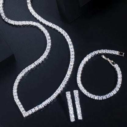Gloriya Luxury Wedding Party Jewellery Sets Setting Shiny Cubic Zirconia Tennis Bridal Necklace Earrings and Bracelet Set