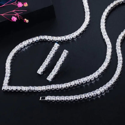 Gloriya Luxury Wedding Party Jewellery Sets Setting Shiny Cubic Zirconia Tennis Bridal Necklace Earrings and Bracelet Set