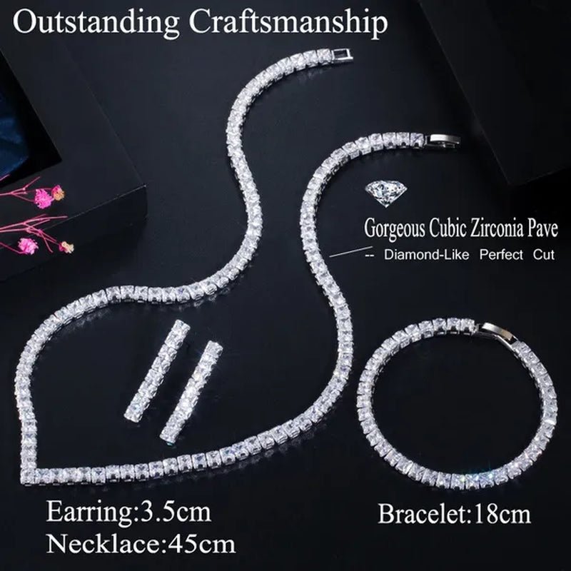 Gloriya Luxury Wedding Party Jewellery Sets Setting Shiny Cubic Zirconia Tennis Bridal Necklace Earrings and Bracelet Set - WORLD TIME VISITS