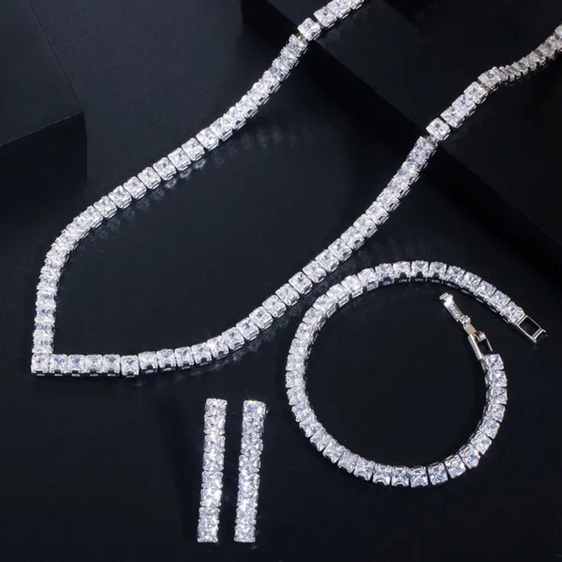Gloriya Luxury Wedding Party Jewellery Sets Setting Shiny Cubic Zirconia Tennis Bridal Necklace Earrings and Bracelet Set