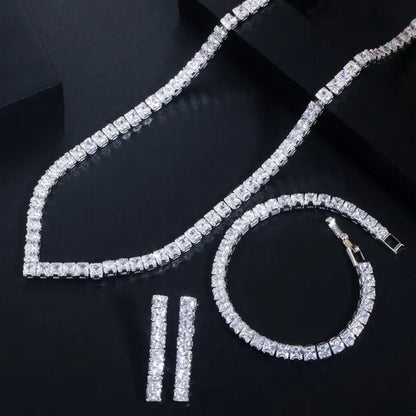 Gloriya Luxury Wedding Party Jewellery Sets Setting Shiny Cubic Zirconia Tennis Bridal Necklace Earrings and Bracelet Set