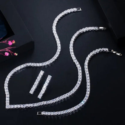 Gloriya Luxury Wedding Party Jewellery Sets Setting Shiny Cubic Zirconia Tennis Bridal Necklace Earrings and Bracelet Set