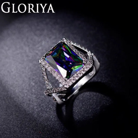 Gloriya Mystic Natural Suqare Rainbow Crystal Hand - Inlaid Statement Cocktail Ring Luxury Party Women CZ Jewelry for Ladies Silver Color Jewelry（Us Size 6 - 9） - WORLD TIME VISITS