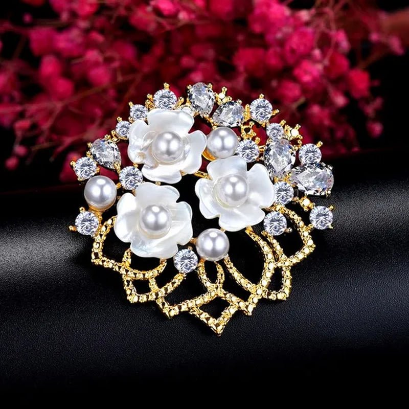 Gloriya Natural Shell Flower with Freshwater Pearl Exquisite Brooch Inlaid Sparkly AAA CZ Diamond Lapel Pin Jewelry Wedding Bouquets - WORLD TIME VISITS