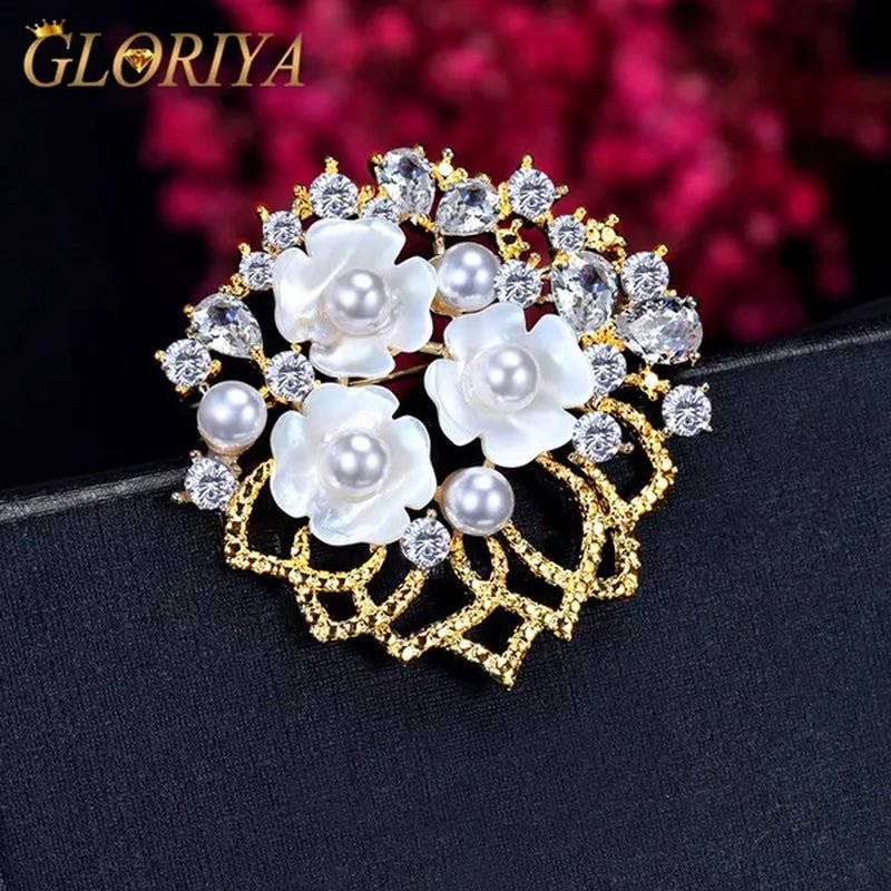 Gloriya Natural Shell Flower with Freshwater Pearl Exquisite Brooch Inlaid Sparkly AAA CZ Diamond Lapel Pin Jewelry Wedding Bouquets - WORLD TIME VISITS