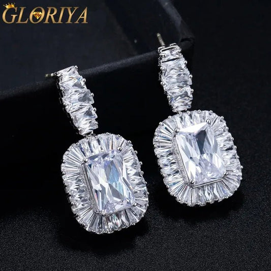 Gloriya Noble Delicate Princess Cut AAA Cubic Zirconia Jewelry Wedding Bridal Silver Plated Drop Earring for Girl Women Party Gift - WORLD TIME VISITS