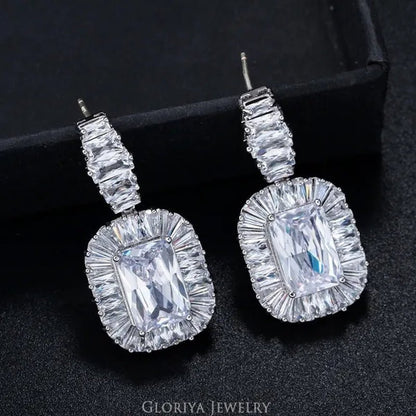 Gloriya Noble Delicate Princess Cut AAA Cubic Zirconia Jewelry Wedding Bridal Silver Plated Drop Earring for Girl Women Party Gift