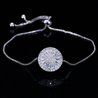 Gloriya Trendy Round Charm Pave Sparkling White Cubic Zirconia Silver Plated Adjustable Box Chain Bracelet & Bangle for Women Korean Simple Minimalist Jewelry - WORLD TIME VISITS