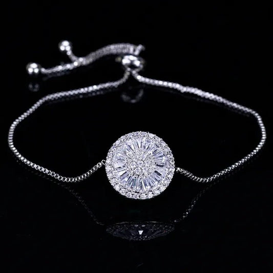 Gloriya Trendy Round Charm Pave Sparkling White Cubic Zirconia Silver Plated Adjustable Box Chain Bracelet & Bangle for Women Korean Simple Minimalist Jewelry - WORLD TIME VISITS