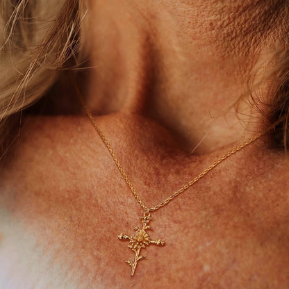 Gold Birth Flower Cross Necklace for Women 12 Month Faith Pendent 18K Gold Plated 2MM Twist Rope Chain Personalized Religious Birthday Jewelry for Her