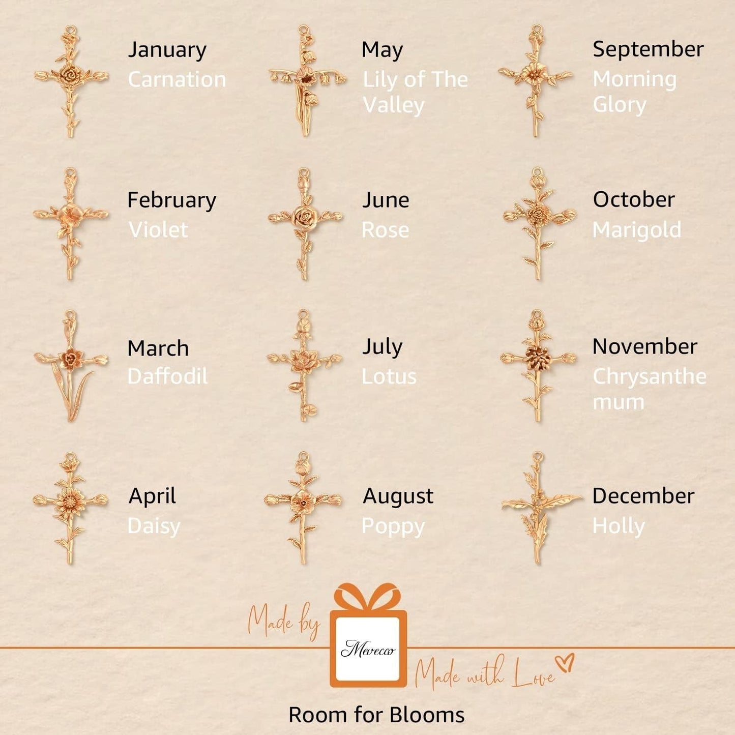 Gold Birth Flower Cross Necklace for Women 12 Month Faith Pendent 18K Gold Plated 2MM Twist Rope Chain Personalized Religious Birthday Jewelry for Her