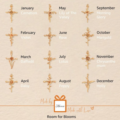 Gold Birth Flower Cross Necklace for Women 12 Month Faith Pendent 18K Gold Plated 2MM Twist Rope Chain Personalized Religious Birthday Jewelry for Her