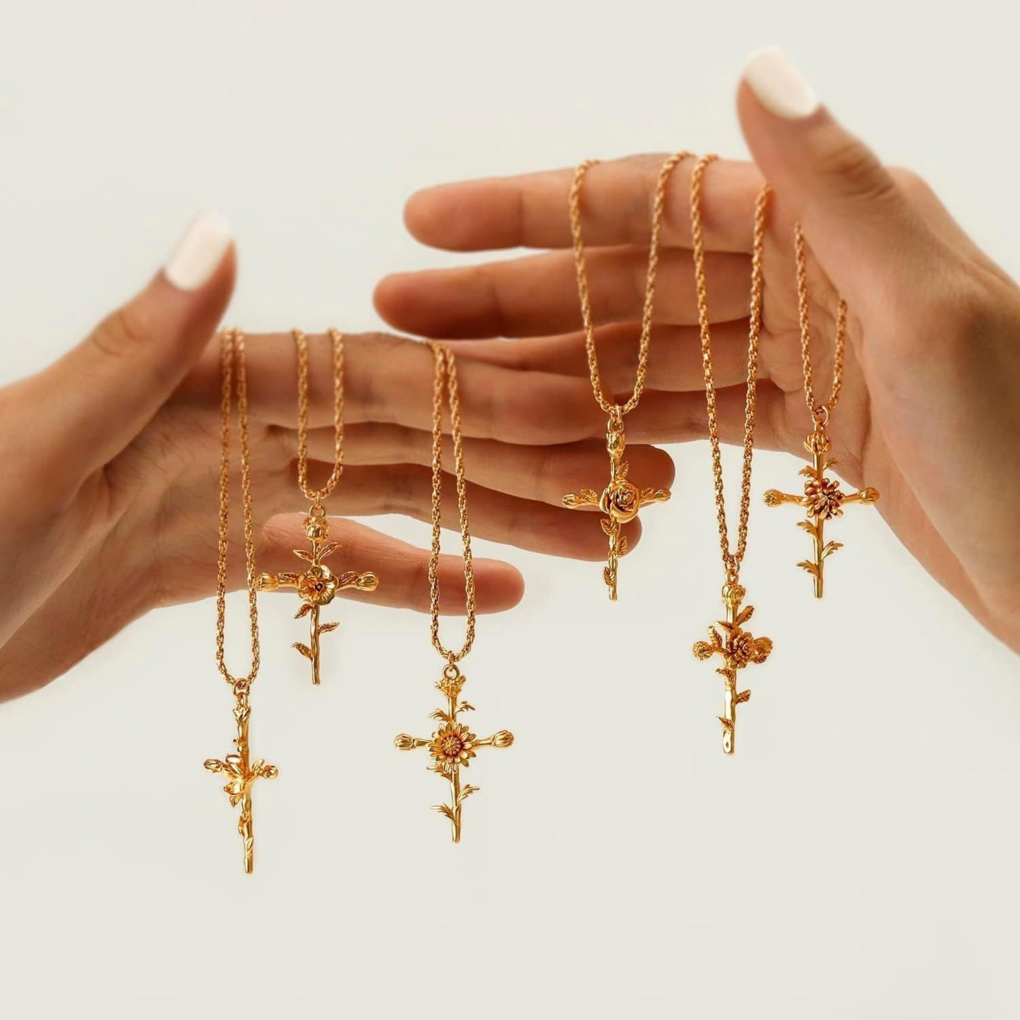 Gold Birth Flower Cross Necklace for Women 12 Month Faith Pendent 18K Gold Plated 2MM Twist Rope Chain Personalized Religious Birthday Jewelry for Her