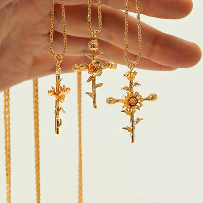 Gold Birth Flower Cross Necklace for Women 12 Month Faith Pendent 18K Gold Plated 2MM Twist Rope Chain Personalized Religious Birthday Jewelry for Her