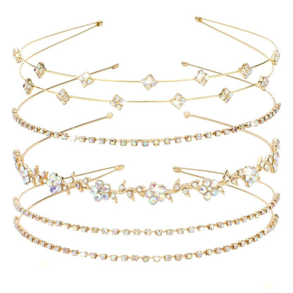 Gold Bridal Headband 4 Pieces Rhinestone Headbands AB Crystal Flower Girl Leaves Crown Head Band Tiara Wedding Hair Accessories - WORLD TIME VISITS