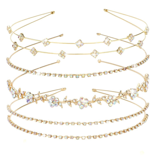 Gold Bridal Headband 4 Pieces Rhinestone Headbands AB Crystal Flower Girl Leaves Crown Head Band Tiara Wedding Hair Accessories - WORLD TIME VISITS