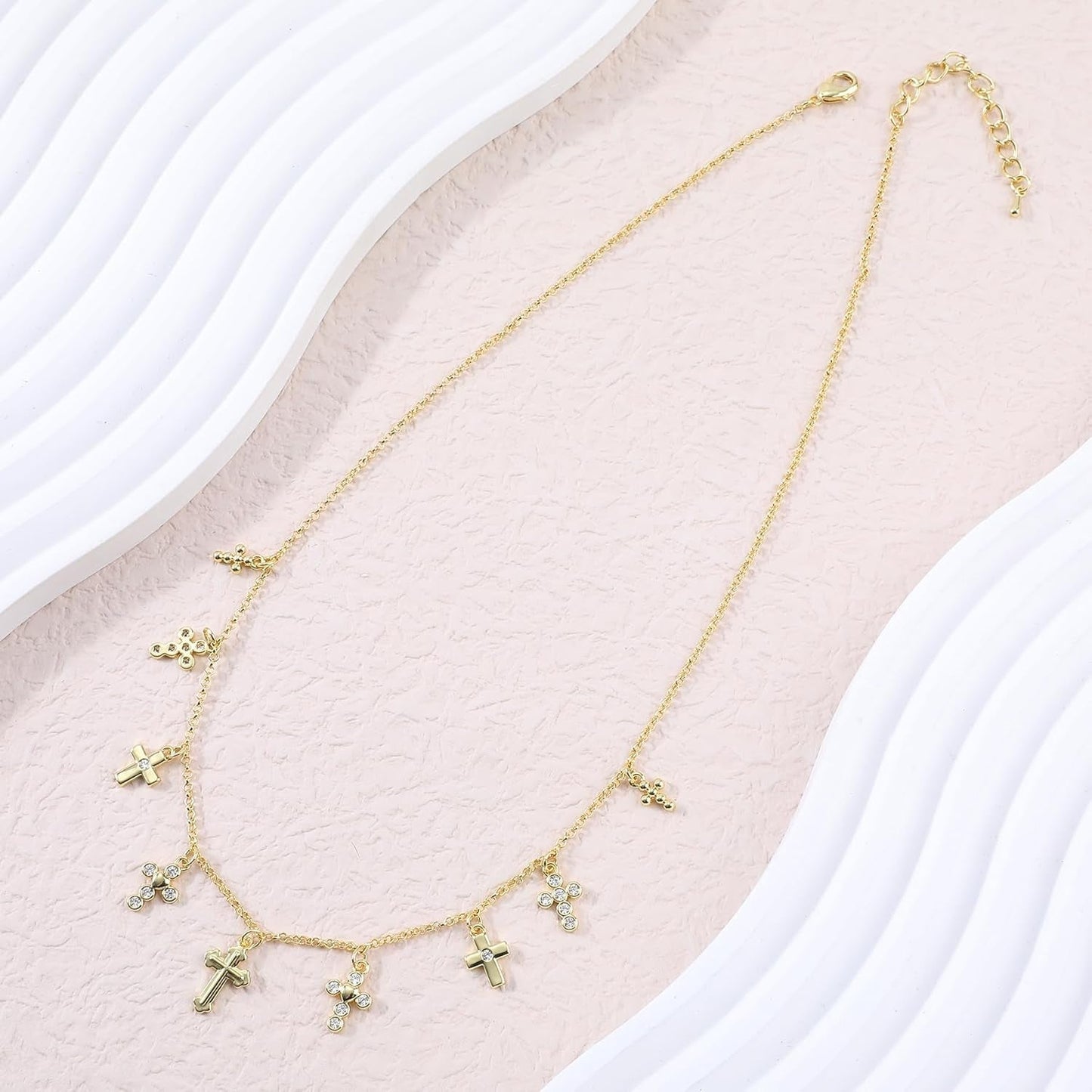 Gold Charm Necklace for Women 14K Gold Plated Cute Cubic Zirconia Rainbow Flower North Star Love Heart Cross Pendant Necklace Adjustable Chain Trendy Party Jewelry Gift for Women