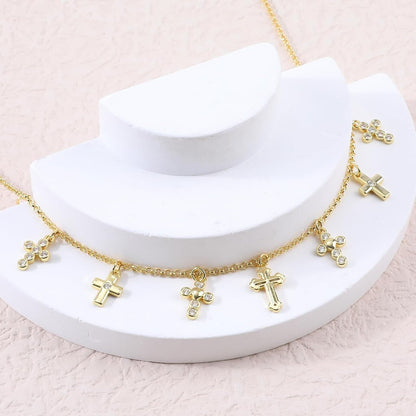 Gold Charm Necklace for Women 14K Gold Plated Cute Cubic Zirconia Rainbow Flower North Star Love Heart Cross Pendant Necklace Adjustable Chain Trendy Party Jewelry Gift for Women