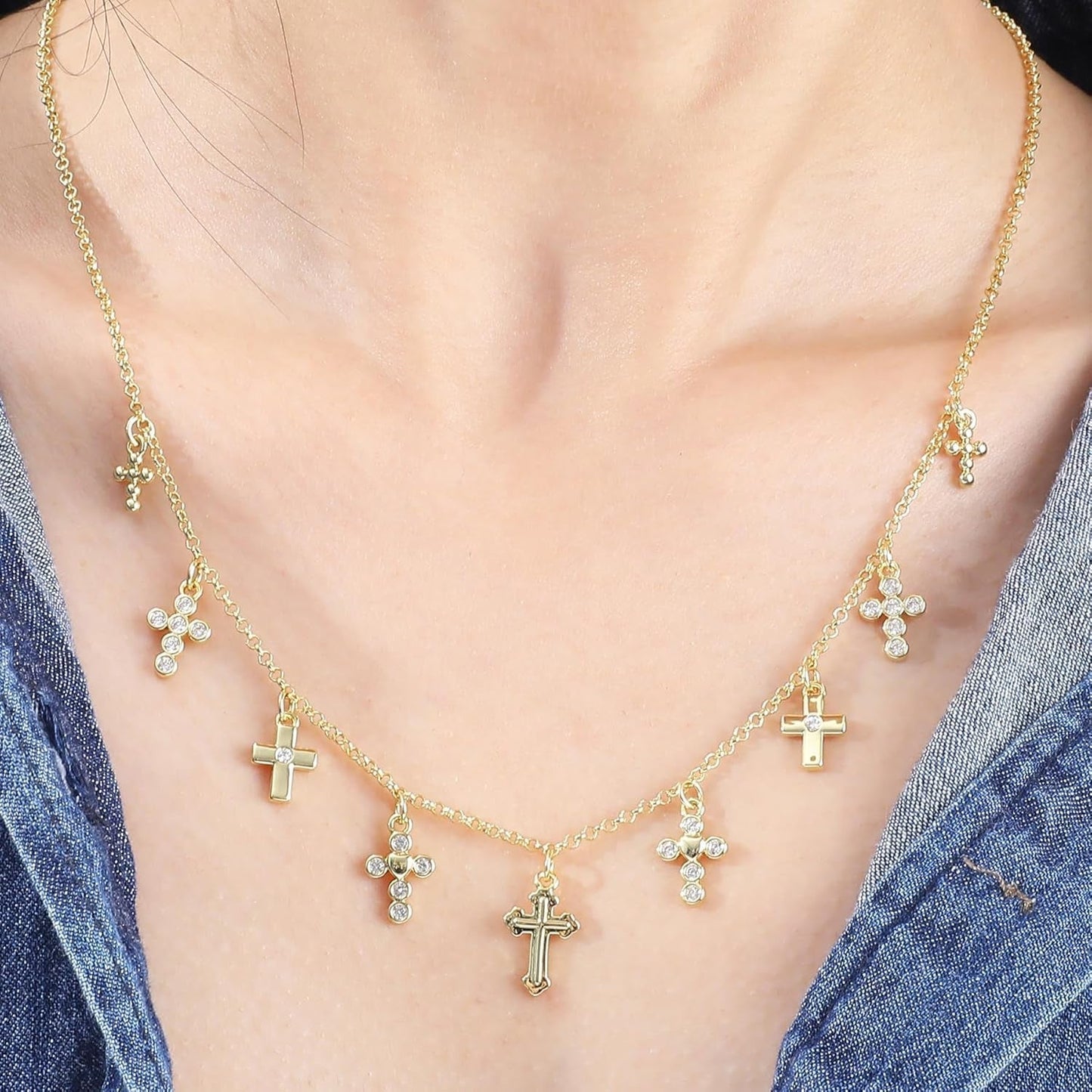 Gold Charm Necklace for Women 14K Gold Plated Cute Cubic Zirconia Rainbow Flower North Star Love Heart Cross Pendant Necklace Adjustable Chain Trendy Party Jewelry Gift for Women