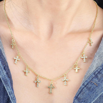 Gold Charm Necklace for Women 14K Gold Plated Cute Cubic Zirconia Rainbow Flower North Star Love Heart Cross Pendant Necklace Adjustable Chain Trendy Party Jewelry Gift for Women