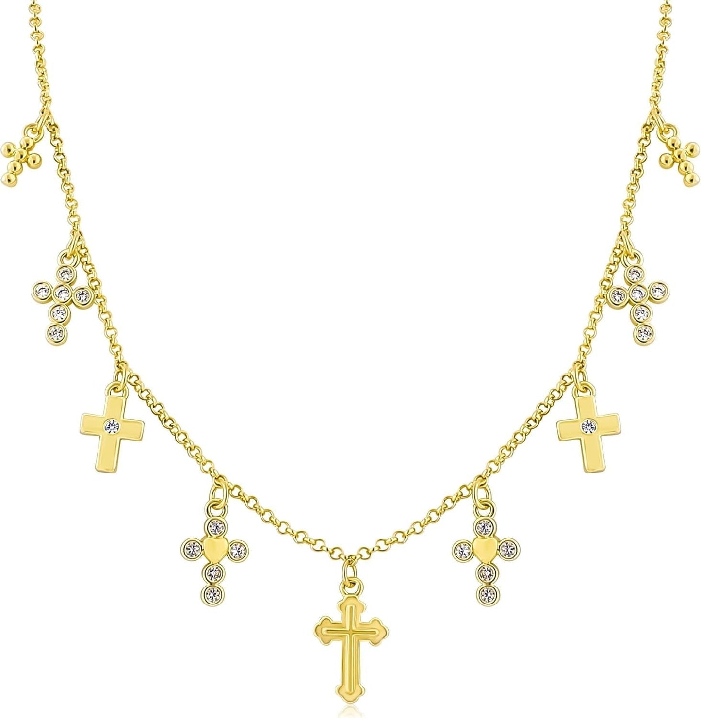 Gold Charm Necklace for Women 14K Gold Plated Cute Cubic Zirconia Rainbow Flower North Star Love Heart Cross Pendant Necklace Adjustable Chain Trendy Party Jewelry Gift for Women - WORLD TIME VISITS