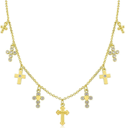 Gold Charm Necklace for Women 14K Gold Plated Cute Cubic Zirconia Rainbow Flower North Star Love Heart Cross Pendant Necklace Adjustable Chain Trendy Party Jewelry Gift for Women - WORLD TIME VISITS