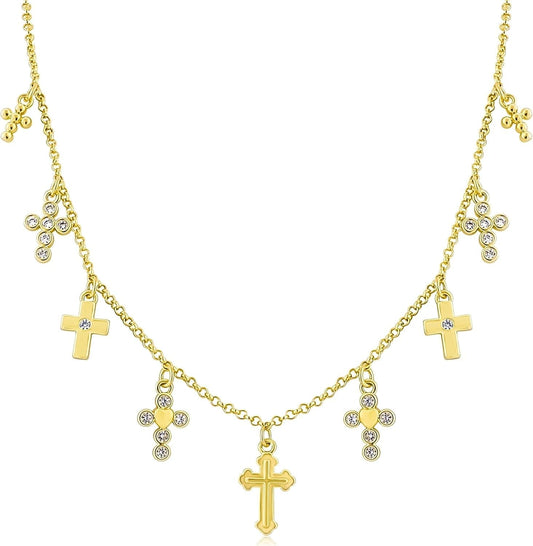 Gold Charm Necklace for Women 14K Gold Plated Cute Cubic Zirconia Rainbow Flower North Star Love Heart Cross Pendant Necklace Adjustable Chain Trendy Party Jewelry Gift for Women - WORLD TIME VISITS