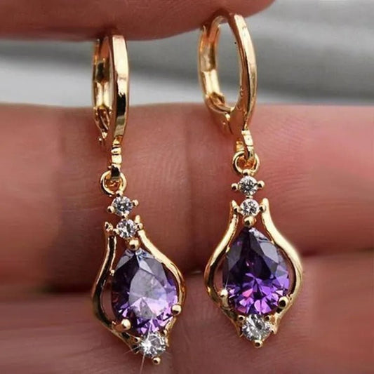 Gold Color Red Zircon Purple Zircon Hoop Earrings Vintage Woman Rainbow Zircon Long Earrings Cute Dainty Geometric Zircon Wedding Earrings Anniversary Birthday Gift Fashion Jewelry - WORLD TIME VISITS