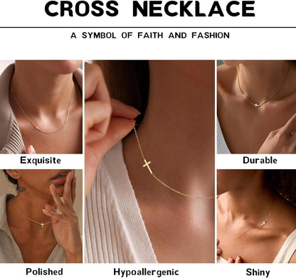 Gold Cross Necklace for Women, Trendy 14K Gold Plated Charm Box Chain Choker Dainty, Christian Religious Faith Small Cross Pendant Necklace Non Tarnish