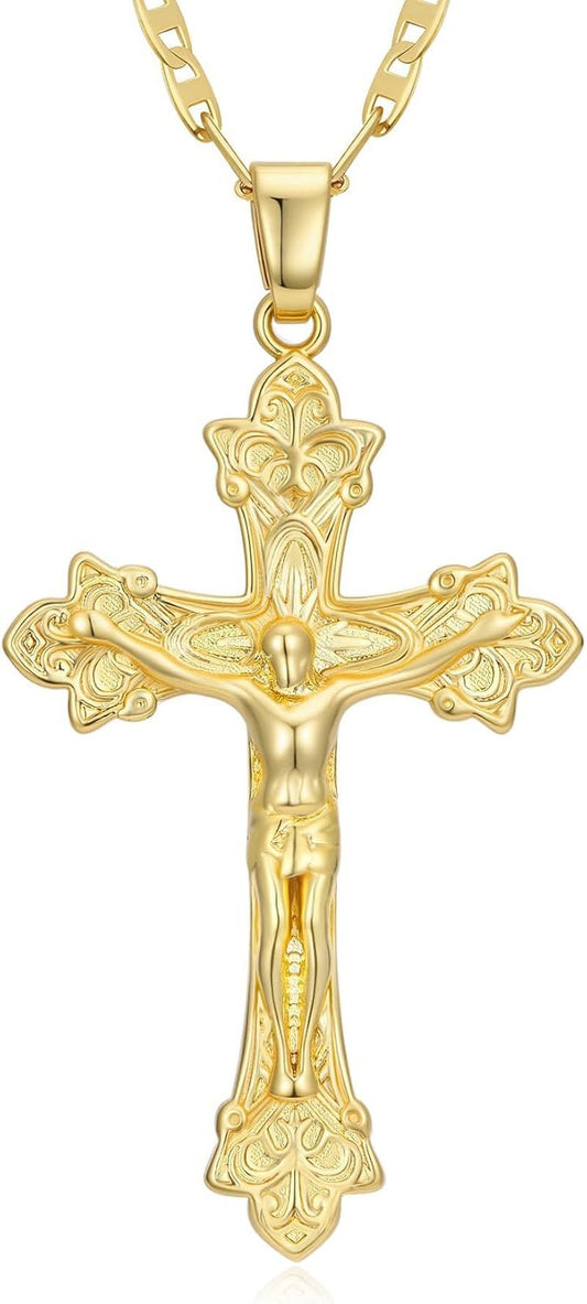 Gold Crucifix Necklace 14K Gold Cross Necklace Jesus Cross Pendant Religious Catholic Jewelry for Men Women - WORLD TIME VISITS