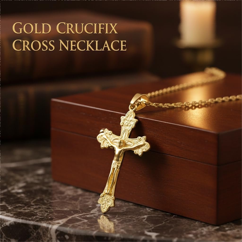 Gold Crucifix Necklace 14K Gold Cross Necklace Jesus Cross Pendant Religious Catholic Jewelry for Men Women