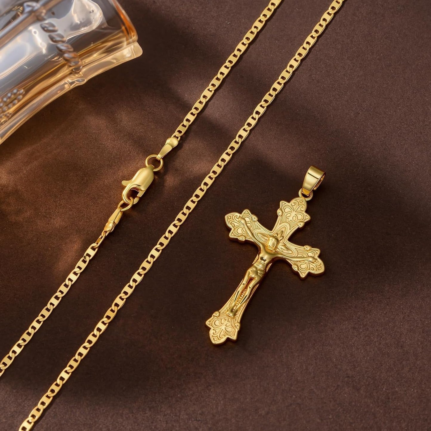 Gold Crucifix Necklace 14K Gold Cross Necklace Jesus Cross Pendant Religious Catholic Jewelry for Men Women