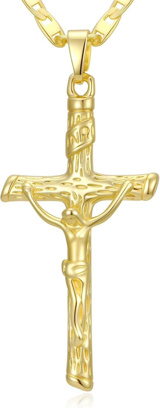 Gold Crucifix Necklace 14K Gold Cross Necklace Jesus Cross Pendant Religious Catholic Jewelry for Men Women - WORLD TIME VISITS