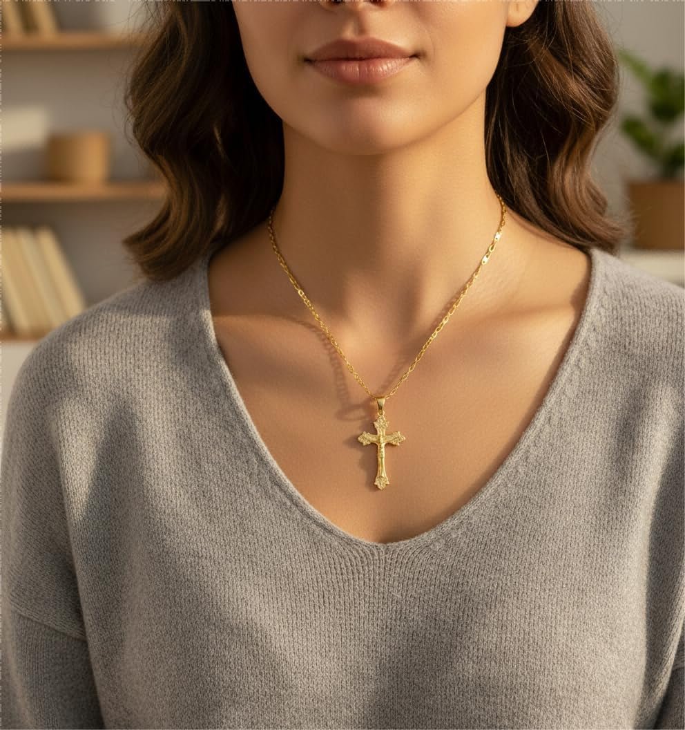 Gold Crucifix Necklace 14K Gold Cross Necklace Jesus Cross Pendant Religious Catholic Jewelry for Men Women - WORLD TIME VISITS