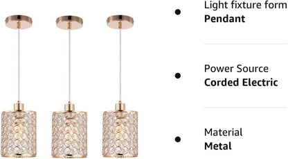 Gold Crystal Pendant Light, 3 Pack Kitchen Island Lighting, Modern Adjustable Bar Lights Hanging Fixture for Kitchen Dining Room Bedroom Bar