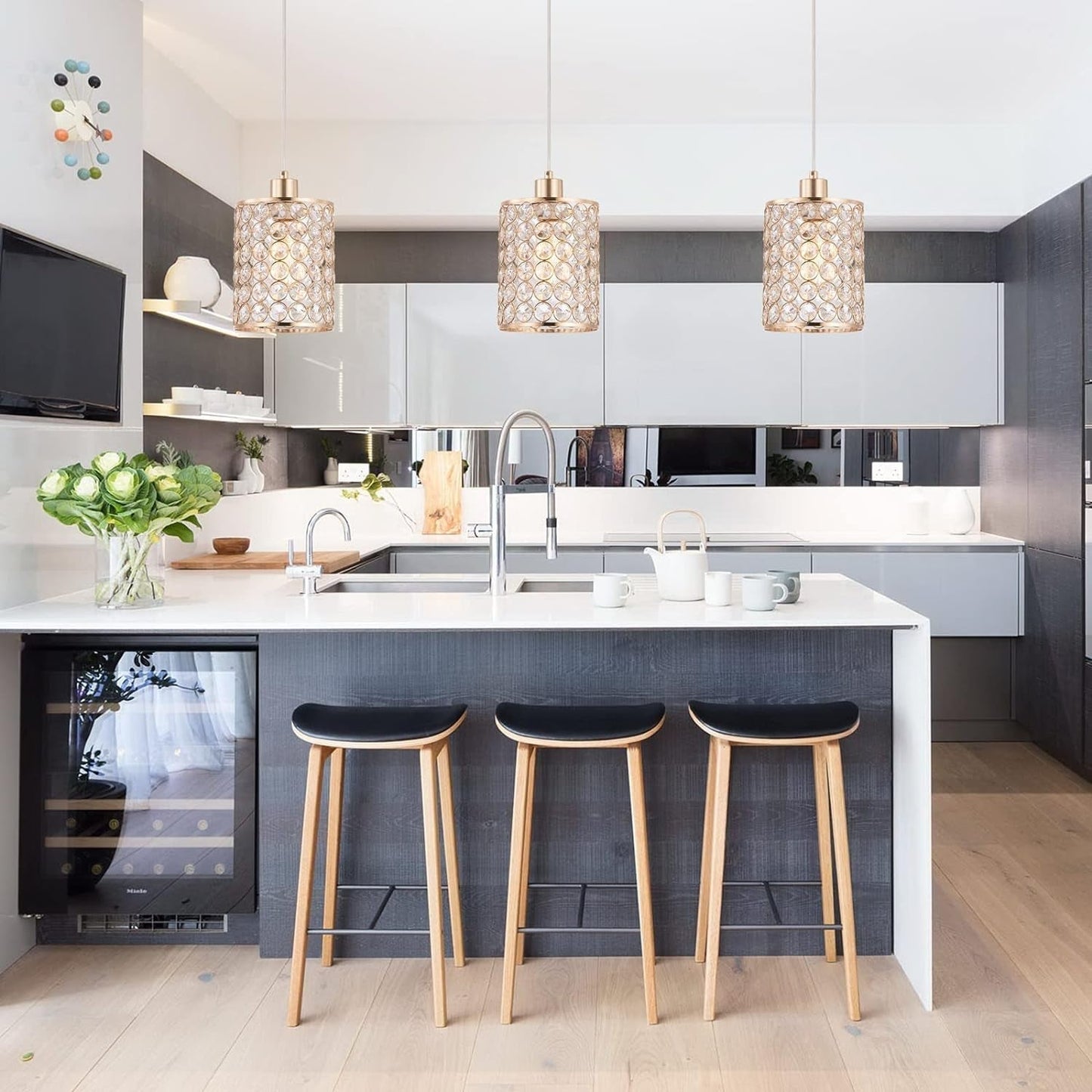 Gold Crystal Pendant Light, 3 Pack Kitchen Island Lighting, Modern Adjustable Bar Lights Hanging Fixture for Kitchen Dining Room Bedroom Bar