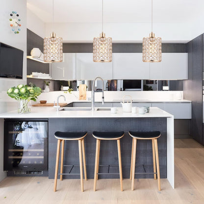 Gold Crystal Pendant Light, 3 Pack Kitchen Island Lighting, Modern Adjustable Bar Lights Hanging Fixture for Kitchen Dining Room Bedroom Bar