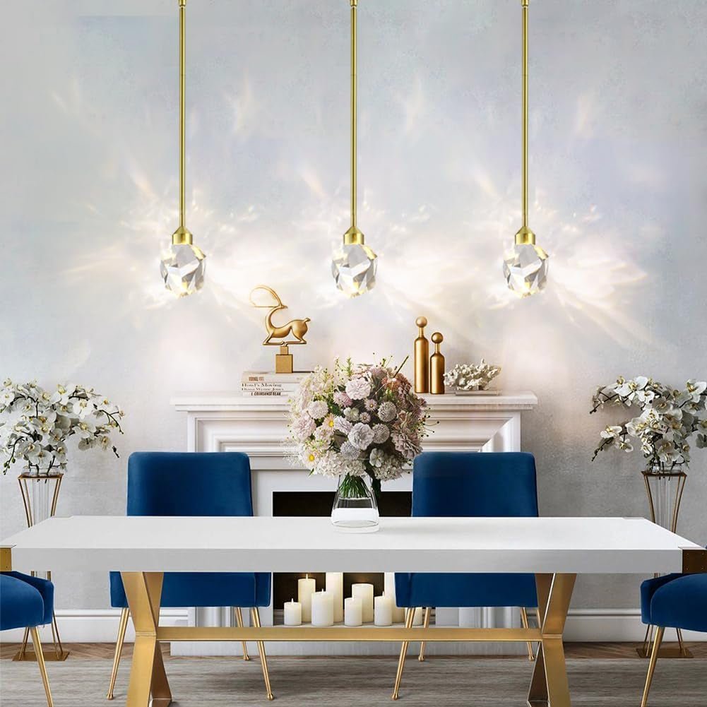Gold Crystal Pendant Light Small Hanging Pendant Light Fixtures 8W LED Light 3 Color Temperature Adjustable 3000K-5000K-4000K Mini Single Modern Chandelier for Kitchen Island Bathroom