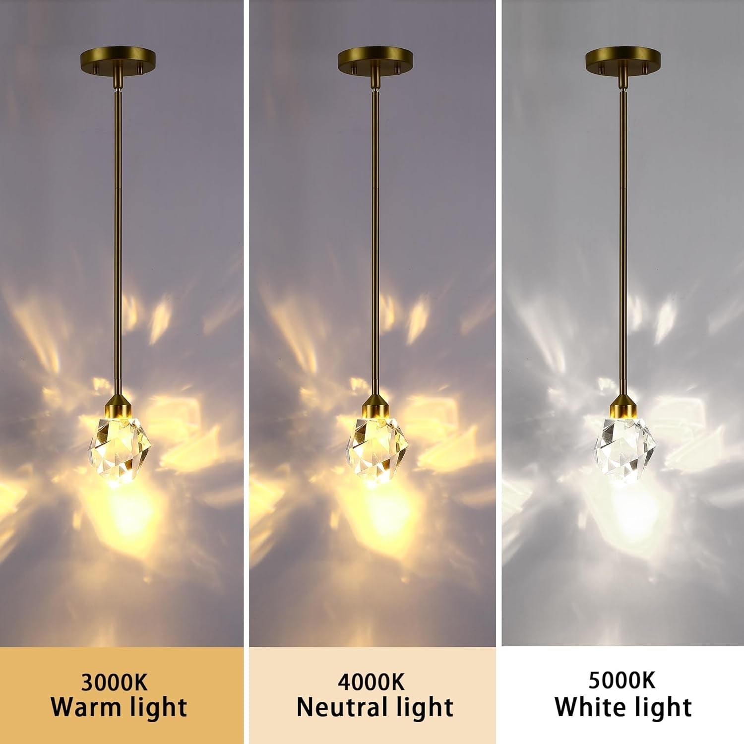 Gold Crystal Pendant Light Small Hanging Pendant Light Fixtures 8W LED Light 3 Color Temperature Adjustable 3000K - 5000K - 4000K Mini Single Modern Chandelier for Kitchen Island Bathroom - WORLD TIME VISITS