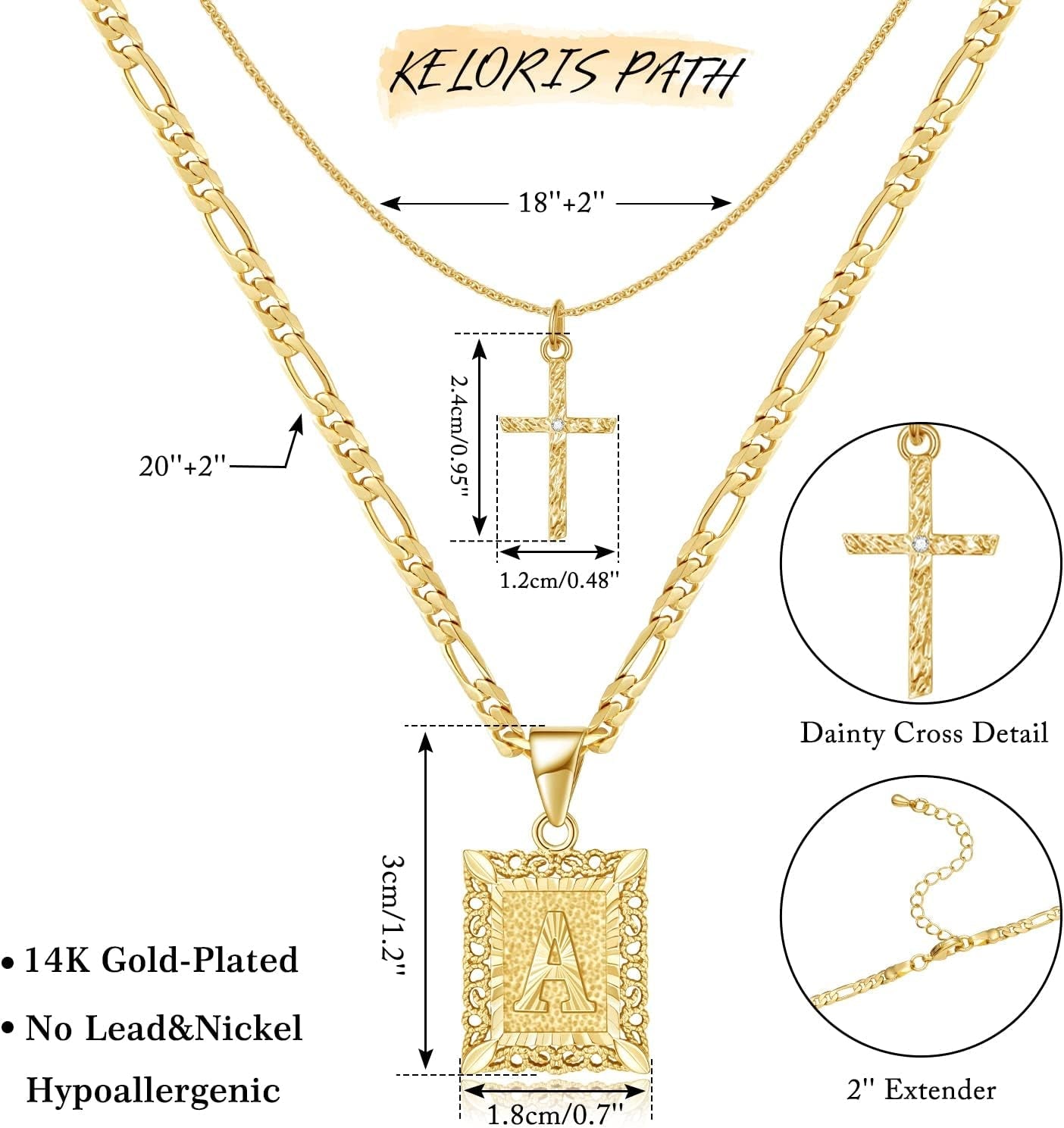 Gold Layered Initial Cross Necklace, 14K Gold Plated Layering Square Letter Pendant Figaro Chain Cross Choker from A-Z Capital Jewelry for Women Girls