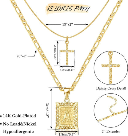 Gold Layered Initial Cross Necklace, 14K Gold Plated Layering Square Letter Pendant Figaro Chain Cross Choker from A-Z Capital Jewelry for Women Girls