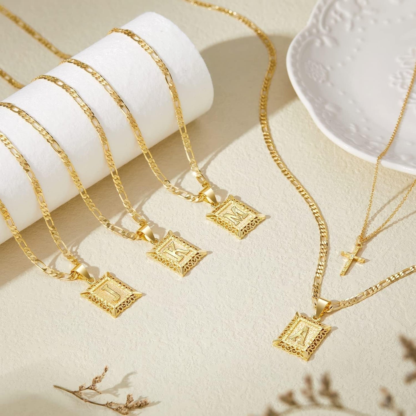Gold Layered Initial Cross Necklace, 14K Gold Plated Layering Square Letter Pendant Figaro Chain Cross Choker from A-Z Capital Jewelry for Women Girls