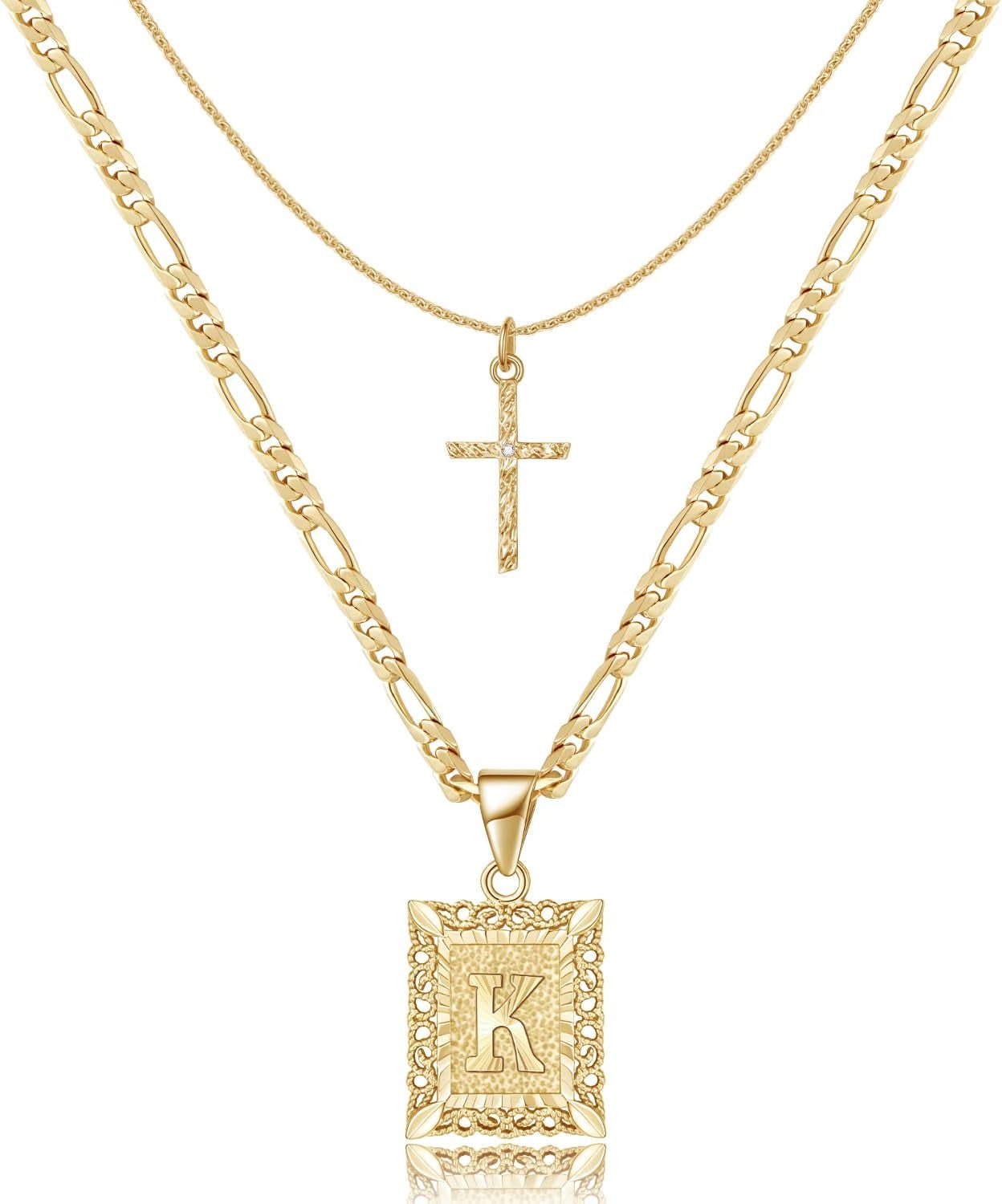 Gold Layered Initial Cross Necklace, 14K Gold Plated Layering Square Letter Pendant Figaro Chain Cross Choker from A - Z Capital Jewelry for Women Girls - WORLD TIME VISITS