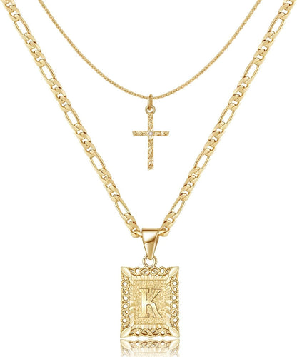 Gold Layered Initial Cross Necklace, 14K Gold Plated Layering Square Letter Pendant Figaro Chain Cross Choker from A - Z Capital Jewelry for Women Girls - WORLD TIME VISITS