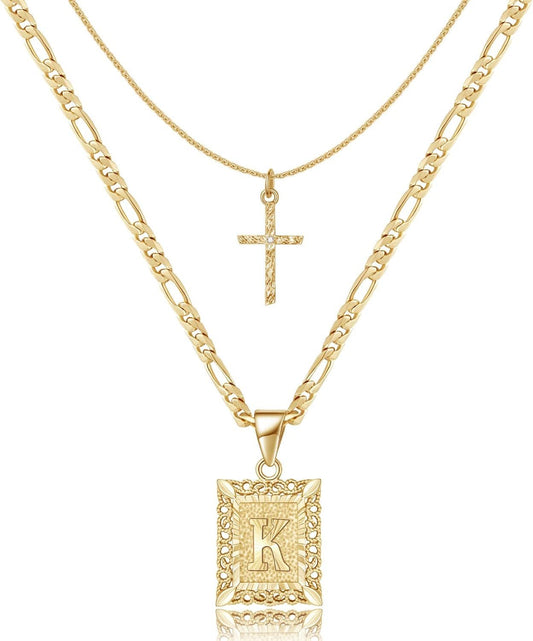 Gold Layered Initial Cross Necklace, 14K Gold Plated Layering Square Letter Pendant Figaro Chain Cross Choker from A - Z Capital Jewelry for Women Girls - WORLD TIME VISITS