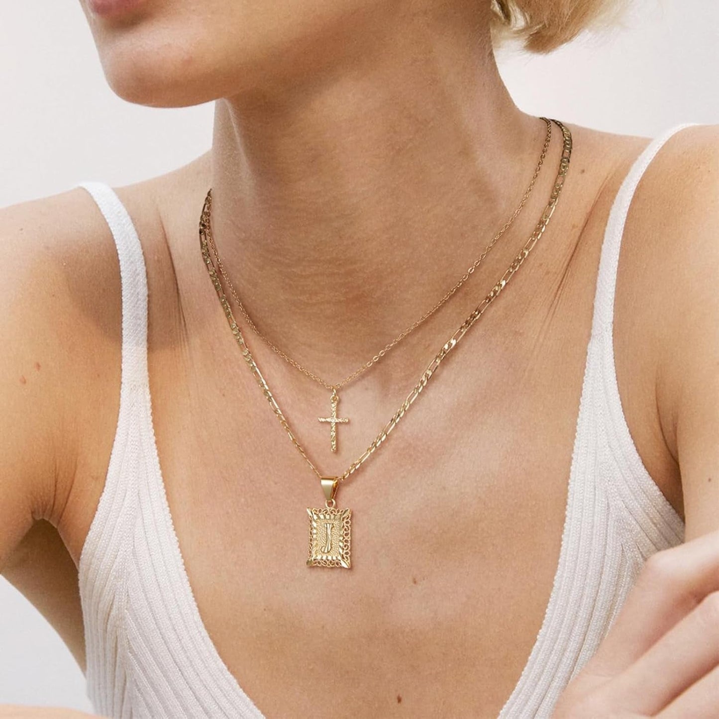 Gold Layered Initial Cross Necklace, 14K Gold Plated Layering Square Letter Pendant Figaro Chain Cross Choker from A - Z Capital Jewelry for Women Girls - WORLD TIME VISITS