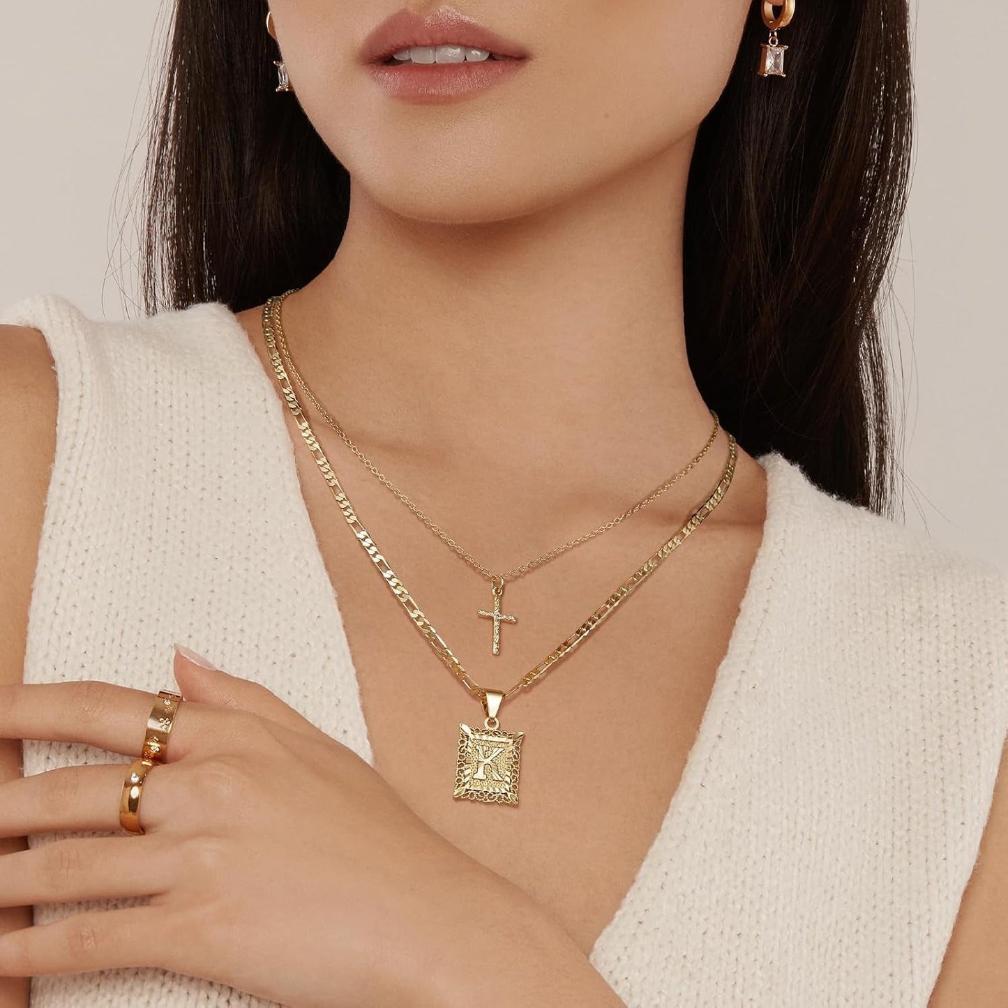 Gold Layered Initial Cross Necklace, 14K Gold Plated Layering Square Letter Pendant Figaro Chain Cross Choker from A-Z Capital Jewelry for Women Girls