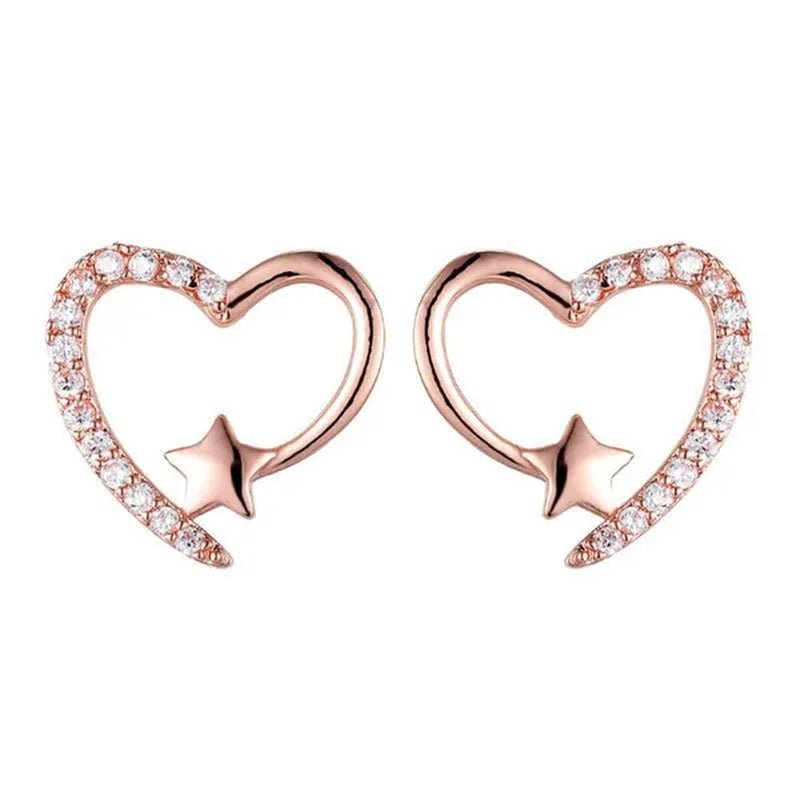 Gold Love Heart Star White Sapphire Diamond Stud Earrings for Women Wedding Engagement Bride Jewelry Gift