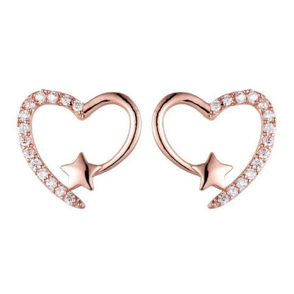 Gold Love Heart Star White Sapphire Diamond Stud Earrings for Women Wedding Engagement Bride Jewelry Gift